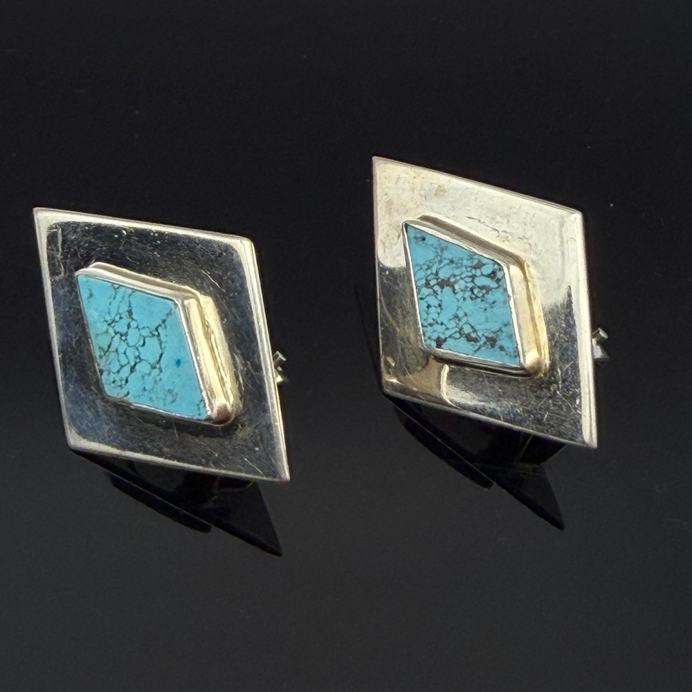 VTG Mexico Sterling Turquoise Silver Diamond Shaped Omega Back Earrings 1.25"